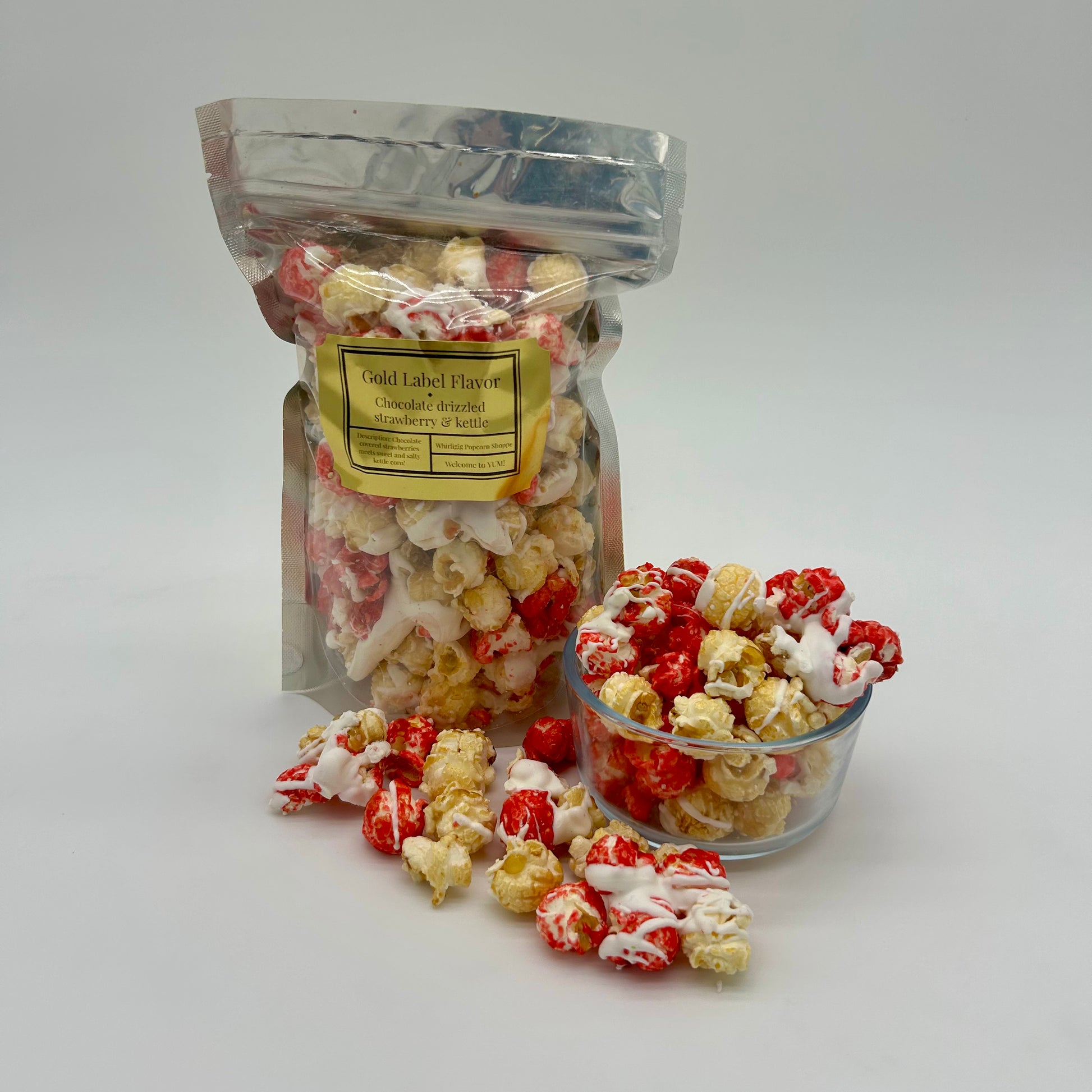 Strawberry and classic kettle corn drizzled in white chocolate