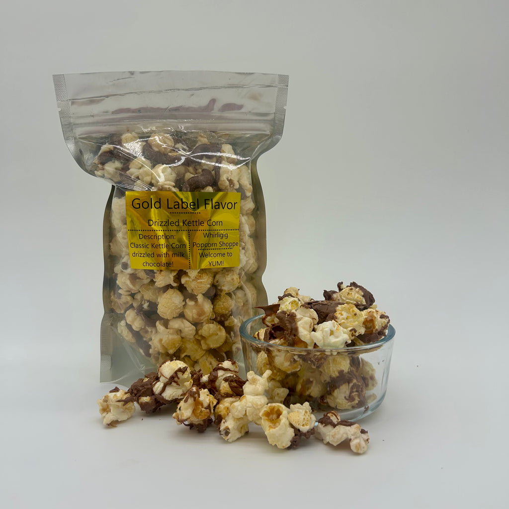 sweet and salty kettle corn drizzled in milk chocolate