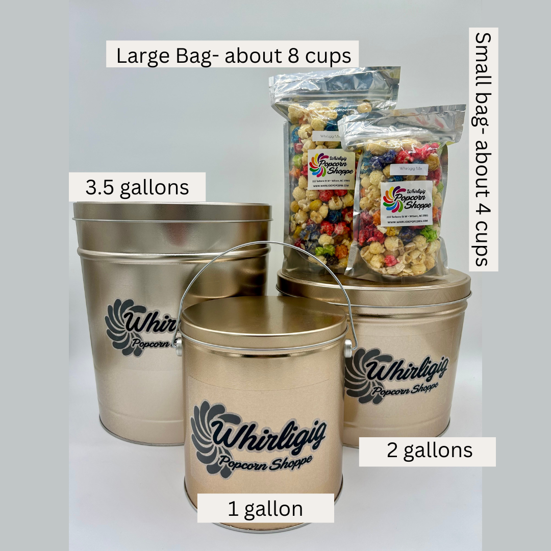 Size options for online purchases- Whirligig Popcorn Shoppe